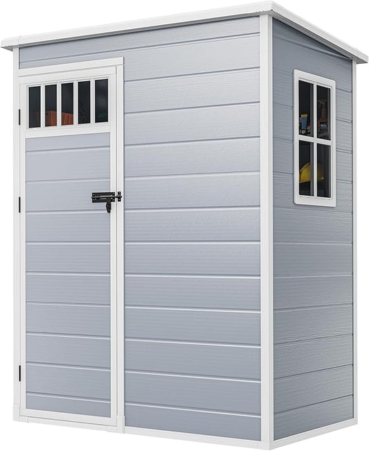 DWVO 5x3FT Outdoor Storage Shed with Fence-Style and Side Windows, Floor, Lockable Doors, Plastic Storage Shed for Backyard and Garden, Gray