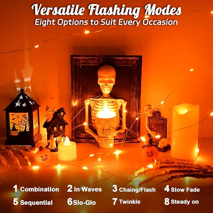 Halloween String Lights Outdoor Waterproof, Orange Solar Fairy Lights 16.4ft 50LED 8 Modes Orange Fall Outdoor Lights for Fall Decor Outside Pathway Patio Party Backyard Decorations