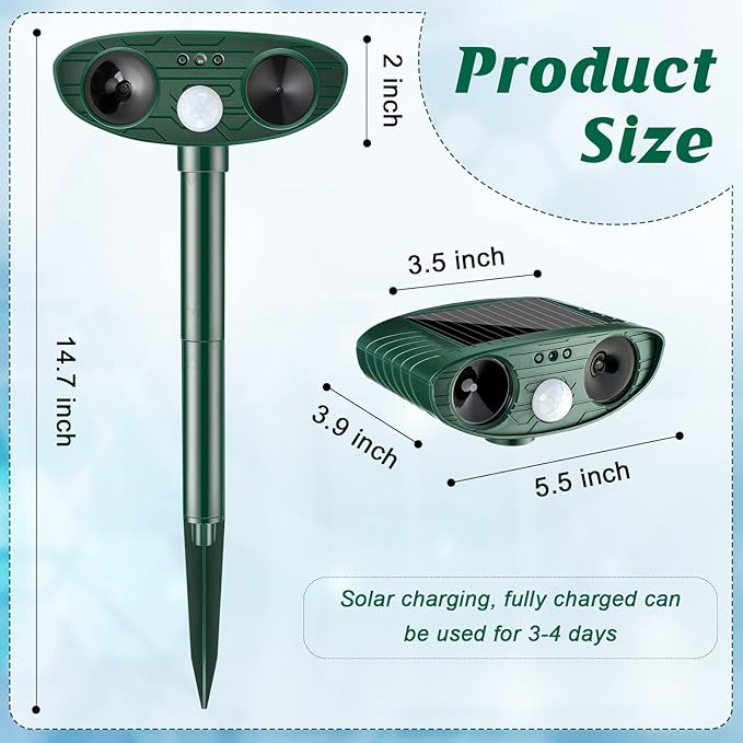 Ultrasonic Animal Repellent Outdoor Solar Powered Repeller Cat Dog Deer Deterrent Waterproof Motion Sensor Deterrent for Yard Garden Rabbit Squirrels Fox Pest(Green,2 Pieces)