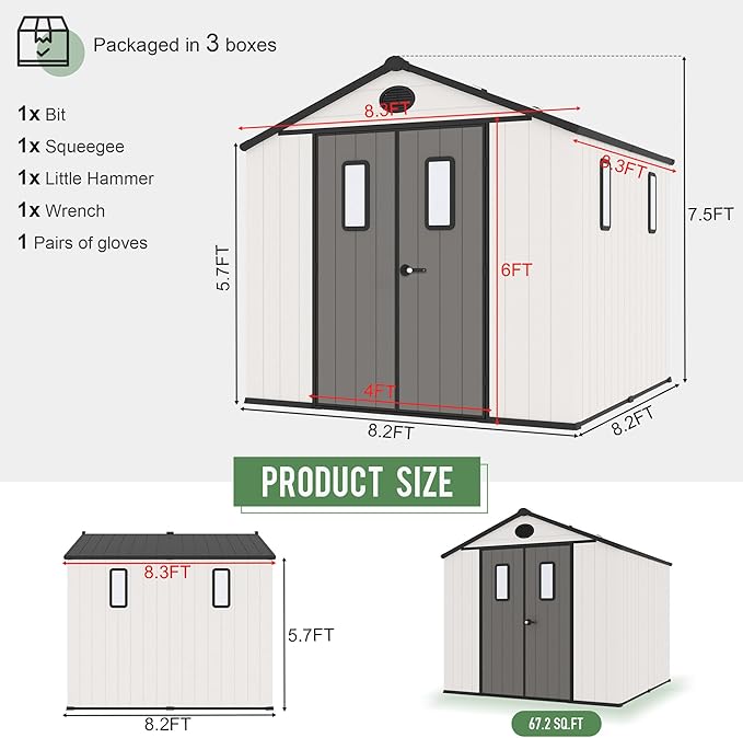 8' x 8' Outdoor Resin Storage Shed with Floor,Galvanized Metal Waterproof Garden Shed with Lockable Door, Windows, Vents, Plastic Tool, Bike Storage for Patio Furniture, Lawn Mower