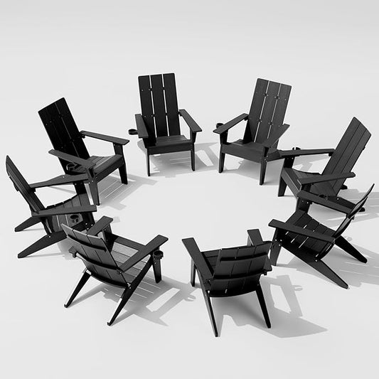 MXIMU Modern Adirondack Chairs Set of 8 Weather Resistant with Cup Holder Oversize Plastic Fire Pit Chairs Plastic Outdoor Chairs for Firepit Area Seating (Black)
