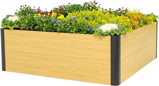 Woodgrain Series Raised Garden Bed, 4' x 4' Outdoor Wooden-Look Metal Planter Box for Gardening Vegetables Flowers Herbs