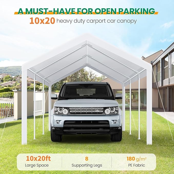 COBIZI Carports 10x20 Heavy Duty Car Tent Garage, Galvanized Frame Car Canopy Outdoor Shelter Waterproof & UV Protected with Windproof Ropes & Built-in Sandbags for Car Truck Boat, White