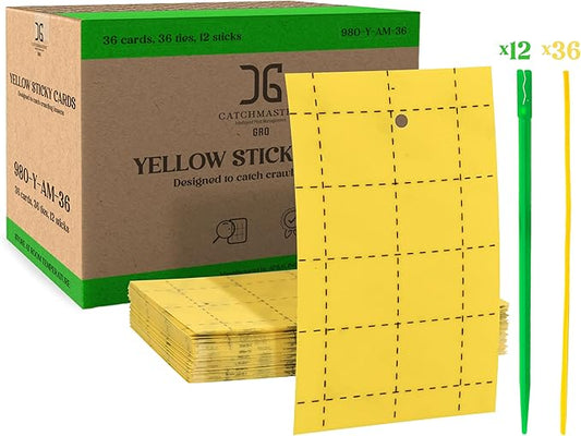 Catchmaster GRO Yellow Regular Double Sided Sticky Traps 36PK, Adhesive Bug & Fruit Fly Trap, Pest Control for Home, Farm, Garden, Hydroponics & Greenhouse, Protect Live Plants Indoor & Outdoor