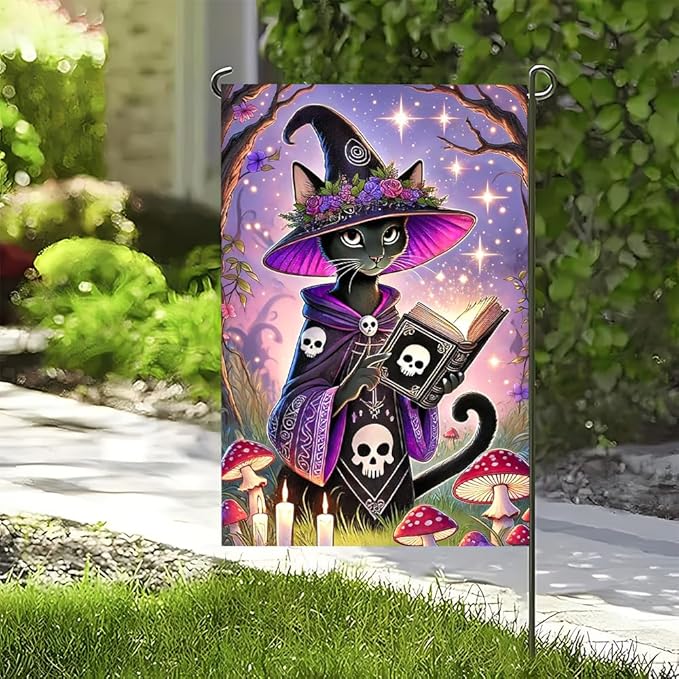 Halloween Garden Flag 11.81 x 17.72 Inch Black Cat in Witch Hat with Magic Book Candles Mushrooms and Starry Night Outdoor Yard Decoration for Holiday Party