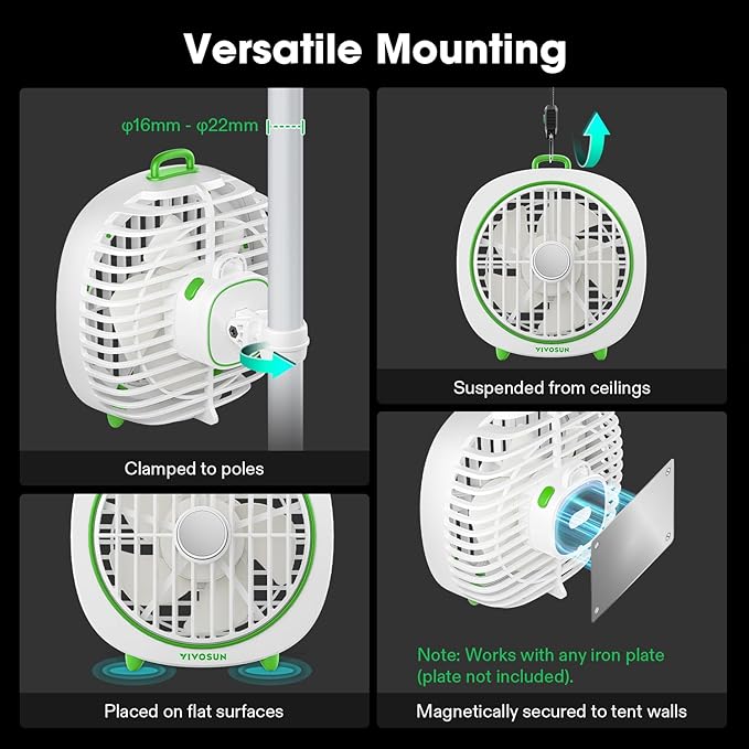 VIVOSUN AeroWave D4, 4” Grow Tent Clip Fan with Detachable Hook, 3-Speed Strong & Quiet Airflow, Adjustable Airflow Angle for Hydroponics, Circulation & Cooling, White, 2-Pack