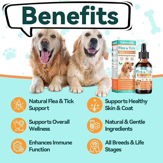 Flea & Tick Support for Dogs, Natural Flea and Ticks Comfort for Dog with Fish Oil, Flea & Tick Liquid Herbal Drop for Dogs - All Breeds & Ages - Chicken