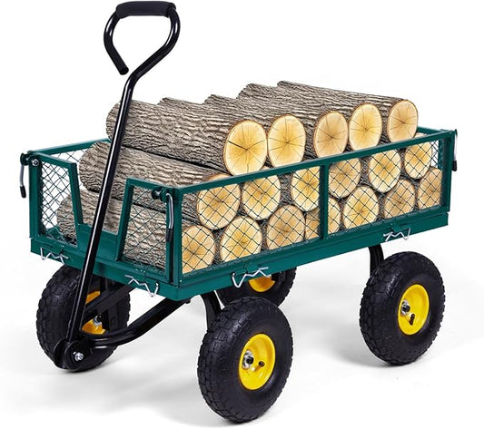 Backyard Expressions Heavy-Duty Steel Garden Cart – 400 lb Capacity, Removable Mesh Sides, Flatbed Convertible Yard Wagon with 10" Pneumatic Tires