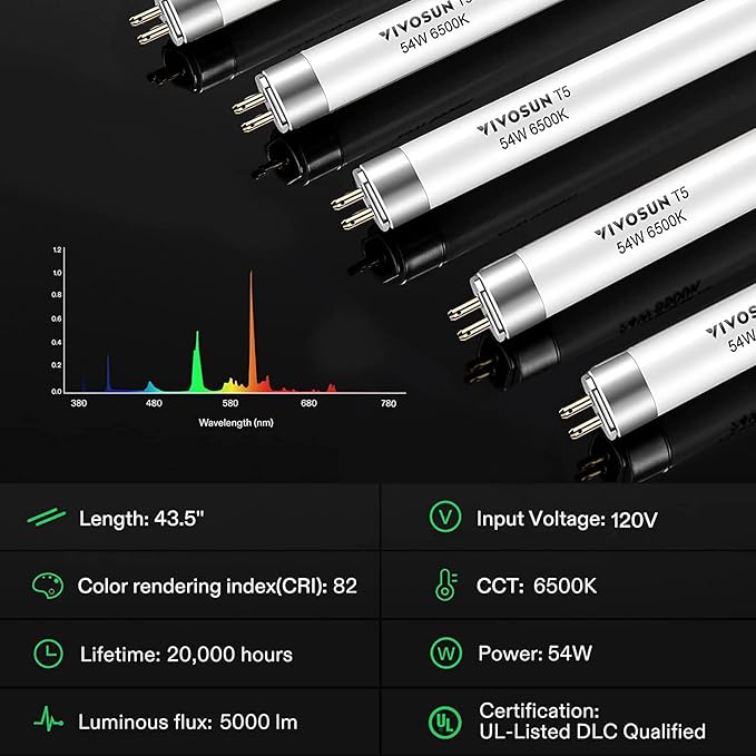 VIVOSUN T5 Grow Light Bulbs 4 Ft 46 Inches, 54W 6500K HO Fluorescent Tubes Light Bulbs, Cool White T5 Bulb for 46 Inches T5 Light Fixtures, T5 Grow Lights for Indoor Plants, 4 Ft 54W Pack of 5