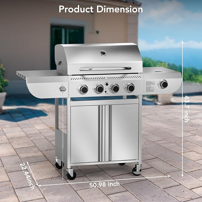 G41 Pro Gas Grill,Heavy-Duty Stainless Steel BBQ Grill,4 Burner Gas Grill with Side Burner,42000 BTU Propane Grill for Outdoor Cooking,Barbecue,Garden and Patio Backyard