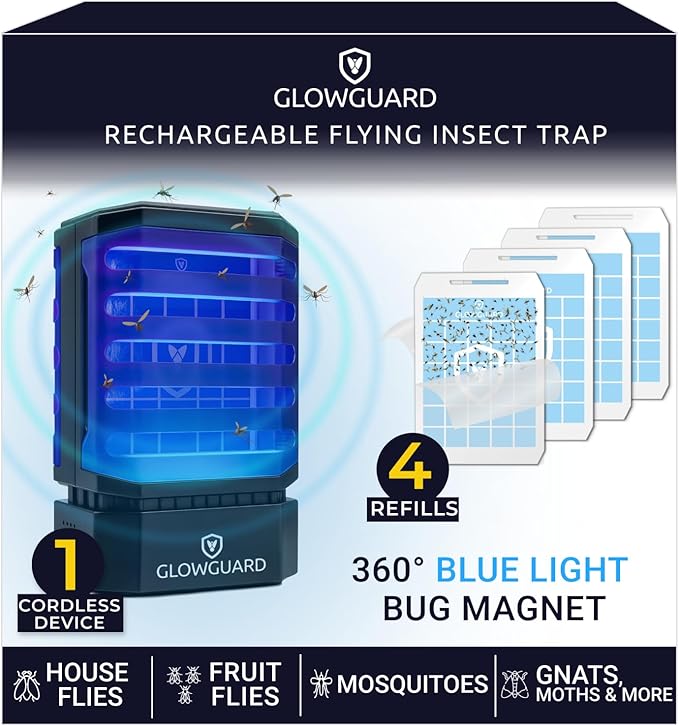 GlowGuard Cordless Flying Insect Trap Catches Fruit Flies, Indoor Gnat Killer, Magnet for Moths & Mosquitos in Dark, 1 Rechargeable Trap + 4 Dual-Sided Sticky Pad Refills, 30Hr 5000mAh Battery (Black)