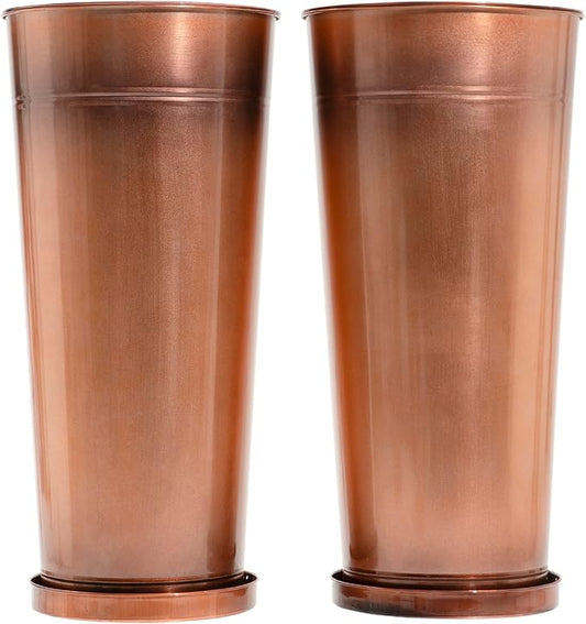 28in Tall Copper Planters Set of 2,Galvanized Steel Tall Outdoor Planter for porches/Indoor/terraces Patio- Copper Color(2planters,2inner pots with Holes, 2trays)