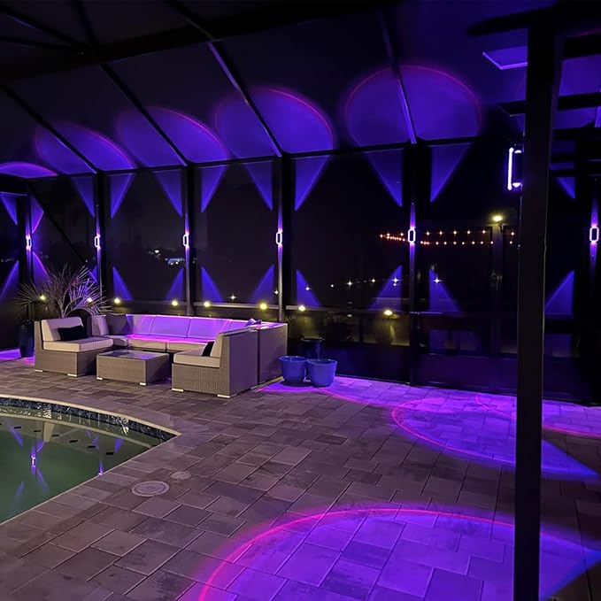 6 Pack Solar Fence Lights Outdoor, RGBW 8-Color Halloween Purple Solar Lights Waterproof Dual Lens Up/Down Lighting Solar Powered for Garden/Pool Cage/Patio/Wall/ (2 Installation Modes)