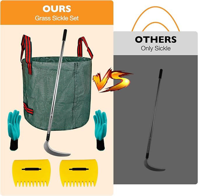 Sickle Garden Tool Set, Long Handle Weeding Sickle with Serrated Double-Edged Blade, Grass Sickle Stand Up Weeding Tool with 2 Pack Leaf Scoops, 16 Gallon Lawn Bag with Gardening Gloves for Yard