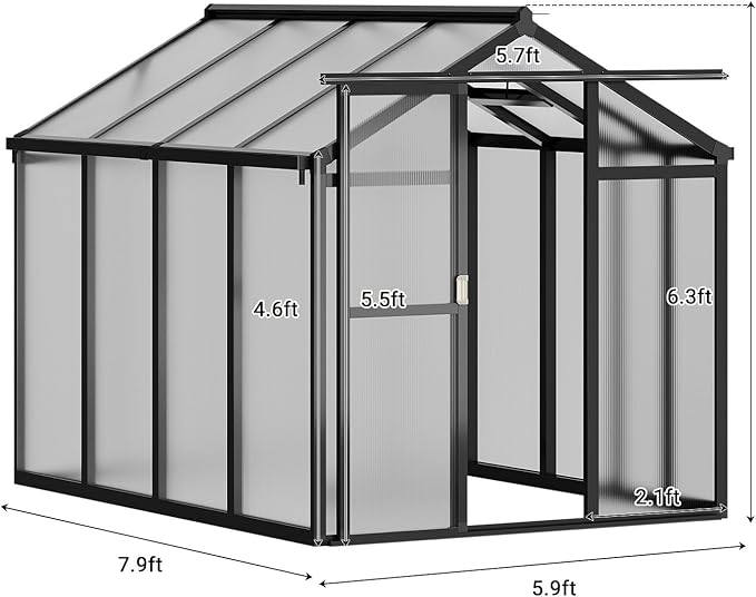 Greenhouse, 6x8 FT Greenhouse for Outdoors, Walk-in Green House with Ground Nails and Vent Windows, Sliding Lockable Door, Polycarbonate Green House for Outside Garden Backyard, Quick Setup, Black