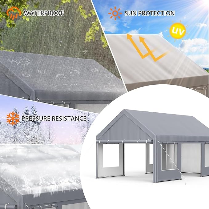 Garvee 13x20 ft Heavy Duty Carport, Extra Large Galvanized Steel Car Canopy with All-Season Tarp Cover, 4 Roll-Up Doors & Mesh Windows, Portable Garage Shelter for Car, Truck, SUV, Boat, Grey