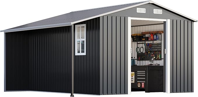 AMERLIFE 10.6x10.3x6.3 FT Galvanized Metal Storage Shed with Open Firewood Bay, Sliding Doors & Ramp, 2 Windows & Vents, Weather-Resistant Outdoor Tool/Garden Shed, Dark Gray
