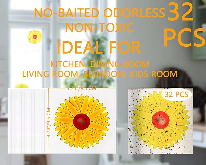 16 Pack Window Fly Traps, Fruit Fly Traps for Indoors, Paper Sticky Strips with Beautiful Sunflower Design, House Fly Catcher Trap for Home, Pest Control for Kitchen and Garage