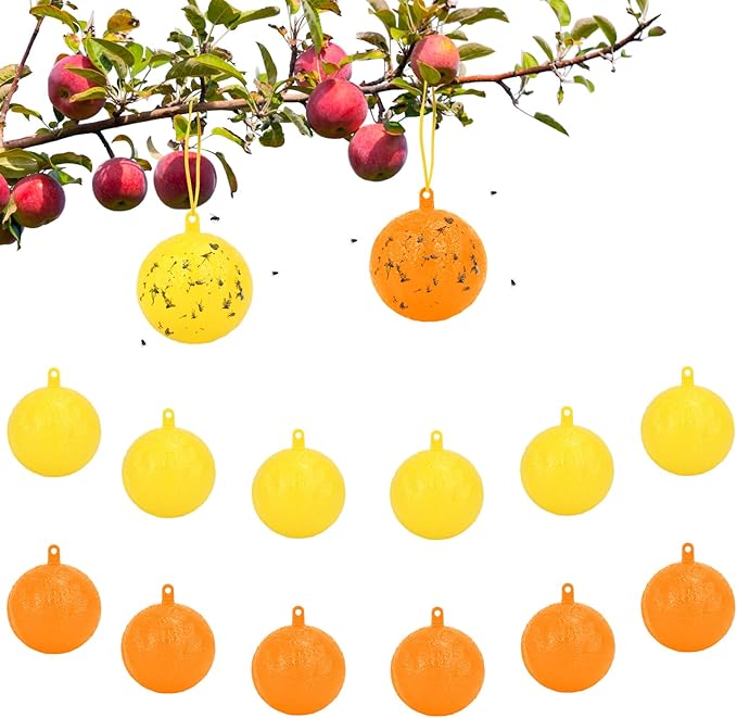 Original Fruit Fly Trap Ball, 12pcs Hanging Fungus Gnat Killer Catcher, Adhesive Sticky Glue Catching Ball Fly Gnat Wasp Hornet Mosquito Bugs Flying Insects Trap Ball for Indoor Outdoor Plant