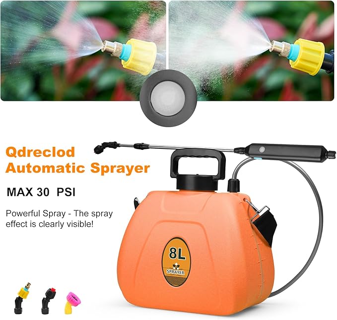 Battery Backpack Sprayer 2.1 Gallon, Rechargeable Sprayer with 3 Adjustable Nozzles, 1.5-3H Runtime, Adjustable Wand Leak-Proof & Chemical-Resistant Tank for Lawn, Garden & Farm Use (Orange)