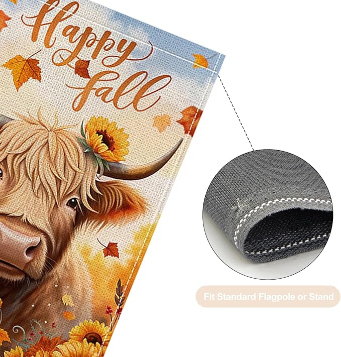 Fall Garden Flag 12 x 18 Inch Double Sided Cow Maple Leaves Sunflower Designs Autumn Burlap Yard Flag for Outside Rustic Yard Outdoor Holiday Home Decoration