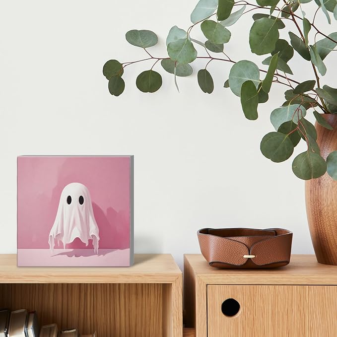 Mtrgdn Cute Halloween Decor,Halloween Decorations Indoor,Pink Ghost Desk Decor Wooden Box Sign,Halloween Home Office Kitchen Bathroom Bedroom Coffee Bar Table Shelf Wall Decorations,5x5 Inch