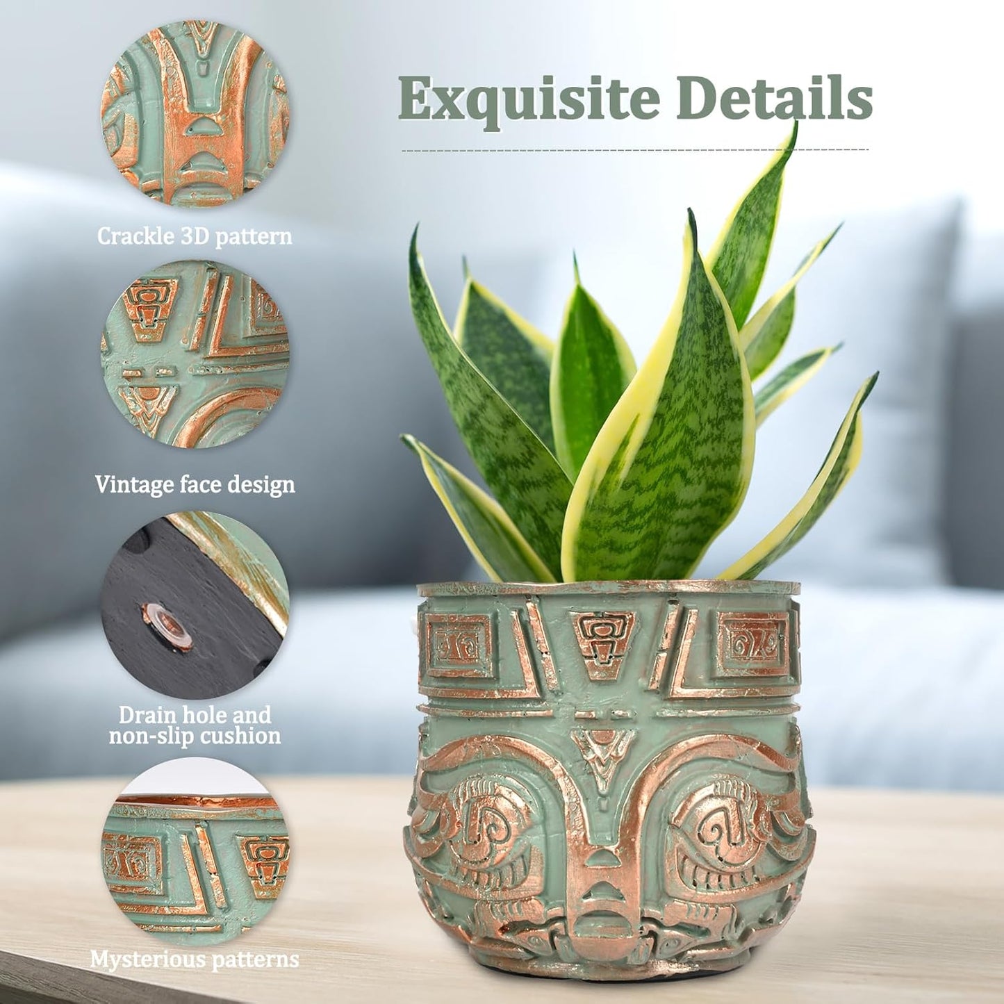 Tribal Vintage Face Planter,Lightweight Unique Plant Pots with Drainage,Eclectic Small Succulent Flower Planters Pots for Outdoor&Indoor Plants,Funny Garden Pot for Room Decor(5.5in,Green)