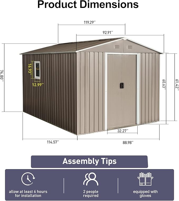 10×8FT Outdoor Metal Storage Shed Large Garden Sheds with Floor Base & Window,Sliding Doors and Padlock for Garden,Backyard,Lawn,Easy to Assemble,Grey