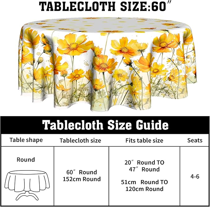 Giwawa Yellow Poppy Flowers Tablecloths for Round Table 60inch,Summer Floral Botanical Polyster Fabric Stain Resistant Table Cloth for Dining Room Kitchen Farmhouse Holiday Party Dinner
