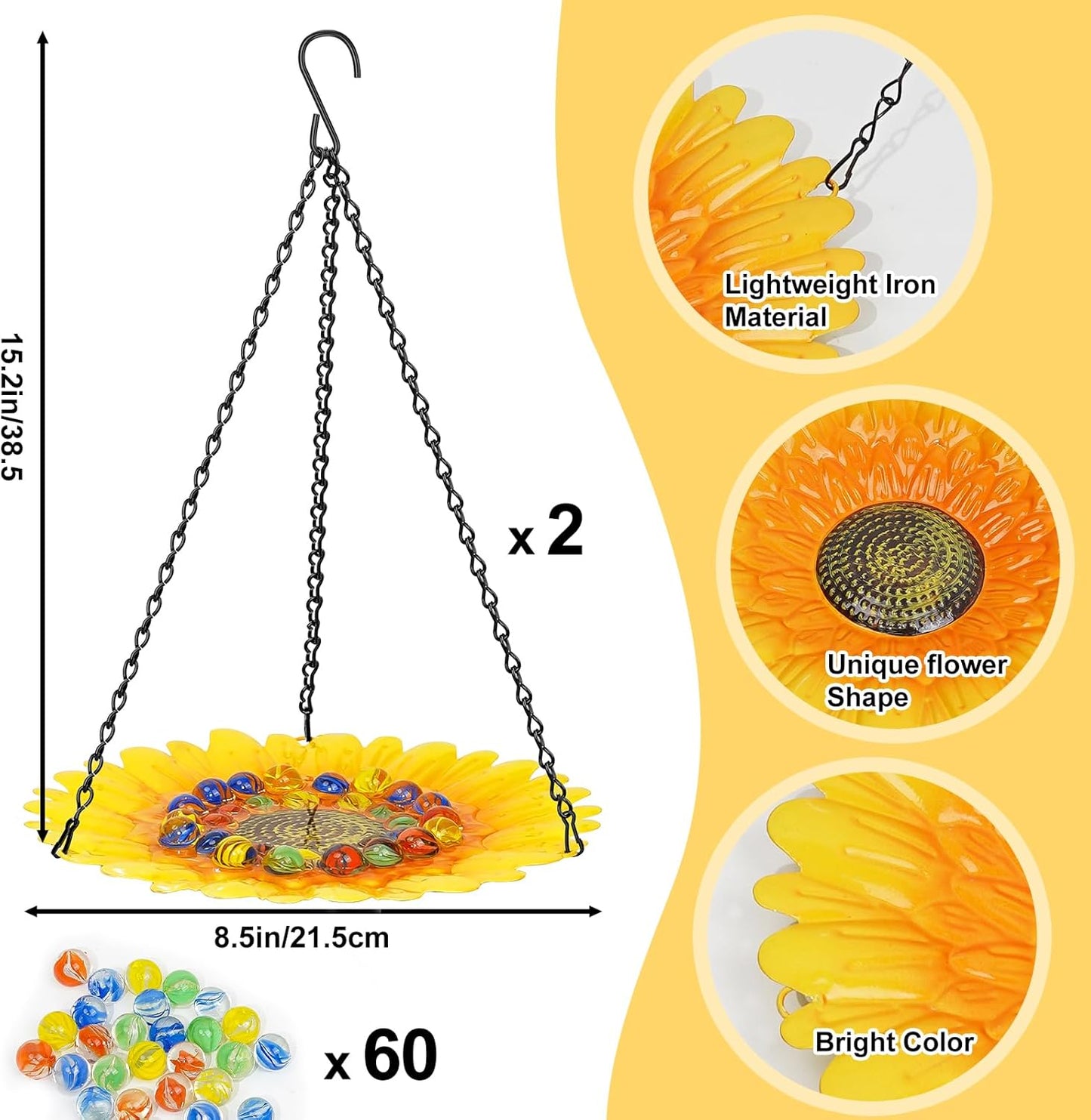 Bee Watering Station for Garden, Bee Bath Feeders for Outside with Vivid Flower Design, Hanging Butterfly Bath Bowl with Glass Balls for Outdoor Courtyard Decoration (2Pcs-Yellow)