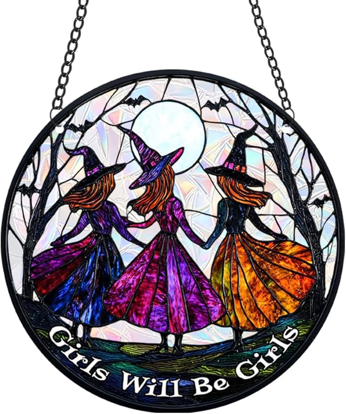 Halloween Sun Catcher - 8 Inch Round Suncatcher for Window Hanging Decoration - Creates Indoor Rainbows Light Refraction - Spooky Ghost, Witch, Pumpkin Design - Suction Cup Hook & Chain