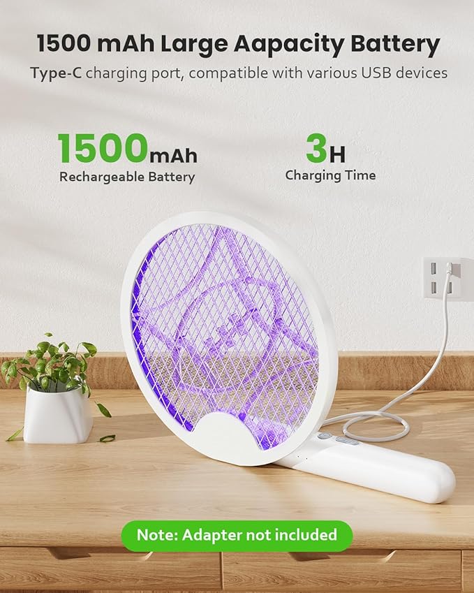 Electric Fly Swatter Racket, Foldable 2 in 1 Bug Zapper with Purple Trap Lamp, 4000V & 1500mAh Powerful Mosquito Trap Killer with Type-C Rechargeable for Indoor Home Office Patio Camp(2 Pack)