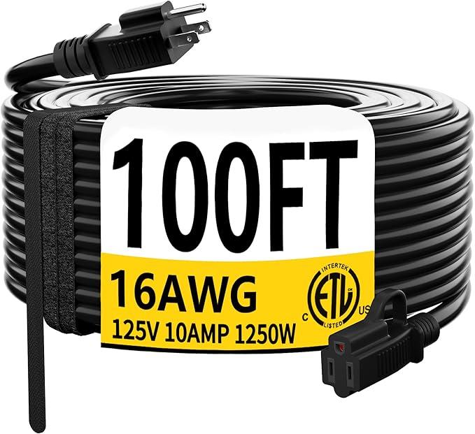 HUANCHAIN Black Outdoor Extension Cord 100 FT Waterproof, Flexible 16/3 Gauge Heavy Duty Power Cord Extension 3 Prong 10A 1250W SJTW ETL Listed