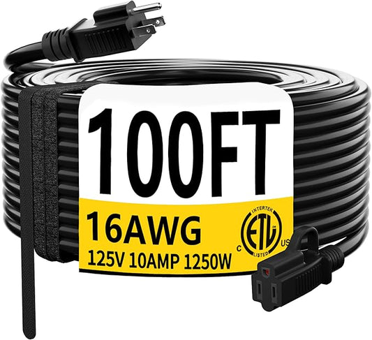 HUANCHAIN Black Outdoor Extension Cord 100 FT Waterproof, Flexible 16/3 Gauge Heavy Duty Power Cord Extension 3 Prong 10A 1250W SJTW ETL Listed