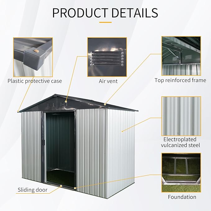 4x8 FT Outdoor Storage Shed, Metal Garden Shed with Frame Floor, Outside Tool Shed with Lockable Sliding Doors, Waterproof Storage Building with Sloped Roof for Backyard, Patio, Lawn, White+Black