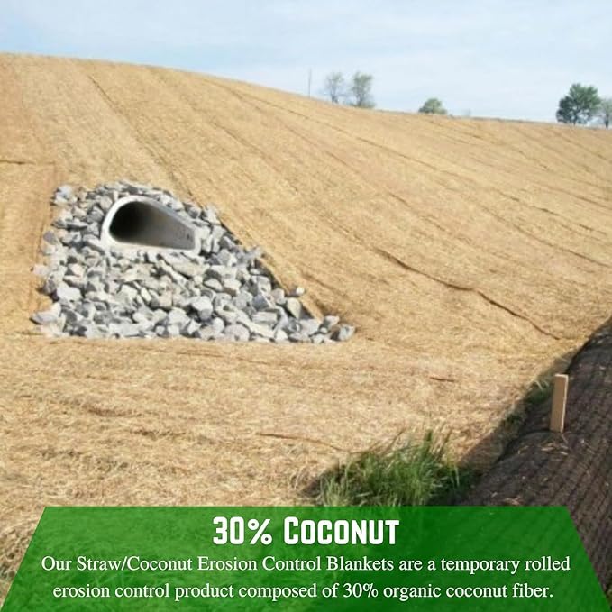 Farm Plastic Supply 100% Biodegradable Erosion Control Blanket - Straw/Coconut Straw Garden and Landscape Cover, Straw Blanket, Erosion Control (3' x 112.5')