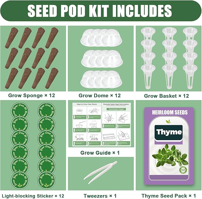Thyme Seed Pods for All Hydroponics Growing Systems, 12 Pods Herb Kit with 1800+ Seeds of Thyme, Grow Your Own Herb Garden at Home
