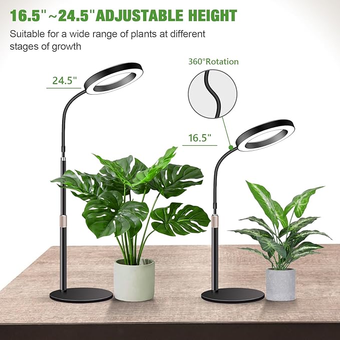 Garpsen Grow Lights for Indoor Plants, 80 LEDs Full Spectrum Desk Plant Light with Timer for 6H/12H/16H, 5 Dimmable Levels & Flexible Gooseneck 6000K Grow Lamp with Base, Height Adjustable 16.5-25"