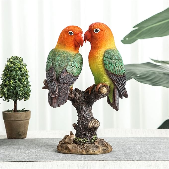 Lovebird Parrot on Stump Statue - Tree Hugger Garden Statues, Resin Parrot Figurines Lifelike Tropical Bird Sculptures for Patio Lawn Yard Home Desktop Decoration - Multicolor