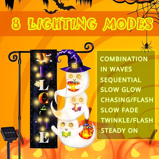 Halloween Lighted Garden Flag, Solar Yard Flag for Outside, 8 Modes Double Sided Welcome Halloween Ghost Outdoor Decorations for Home Porch (Ghost-28x40)