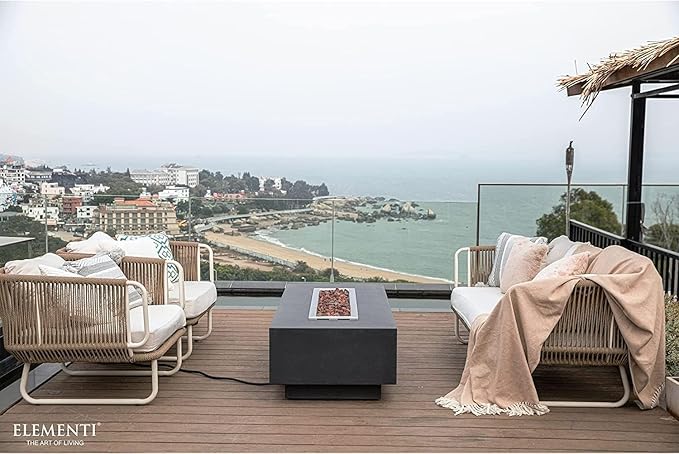 Elementi Granville Gas Fire Pit Cast Concrete Fire Table, Outdoor Fire Pit Electronic Ignition | Canvas Cover, Lava Rock Included | Free AMS Wind Guard | Dark Gray (Natural Gas)