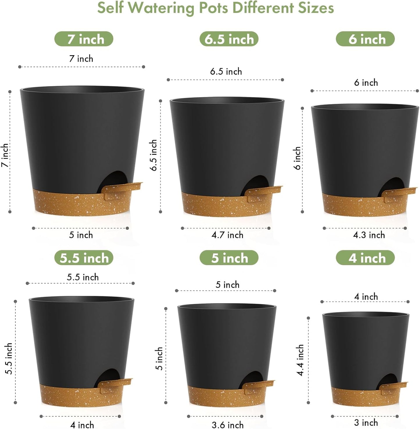 7/6.5/6/5.5/5/4 inch Self Watering Pots for Indoor Outdoor Plants, 6 Pack Plastic Flower Planters with Drainage Holes and Removable Saucers, Plant Pots with Wicking Rope, Black Brown