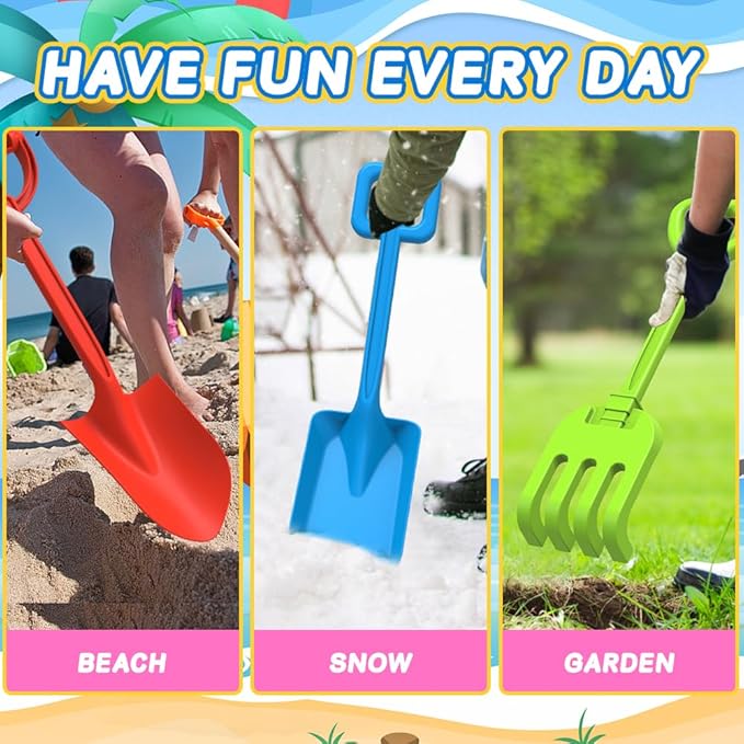 3 PCS Beach Shovel Sand Shovels Toys for Kids Adults, 16 Inch Spade Rake Sandbox, Sturdy Scoop Trowel Garden Digging Planting Tool Kit, Kids Snow Shovel Outdoor Play Summer Vaction Gift Party Favor