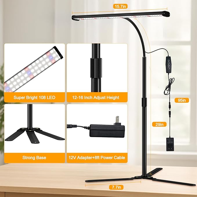 Super-Bright Plant Grow Light, 6000K 108LEDs Full Spectrum Plant Lamp with Timer 4/8/12Hrs & Height Extendable for Home Office Desktop Indoor Plants, 12V 3A High Power Output for Faster Growth