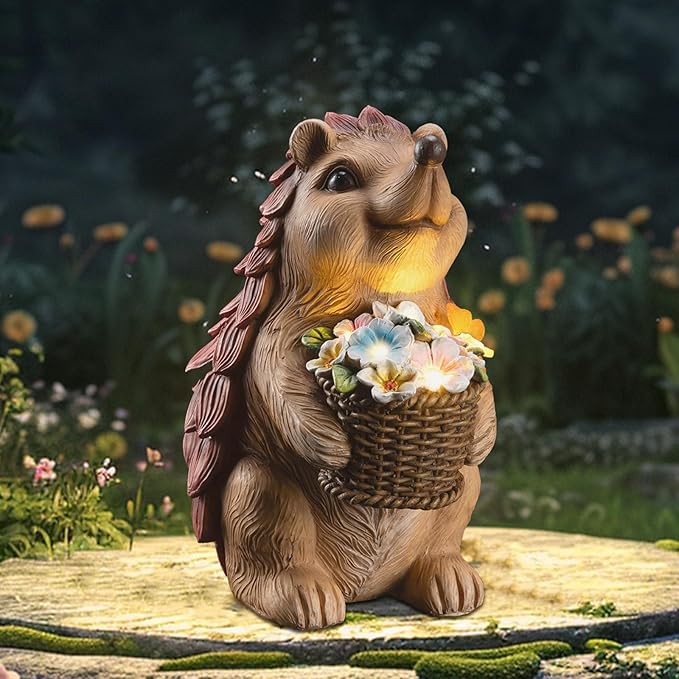 Solar Hedgehog Garden Statue with Flower Basket – Outdoor Decorative Resin Figurine with Solar Light for Lawn, Yard & Patio Decor