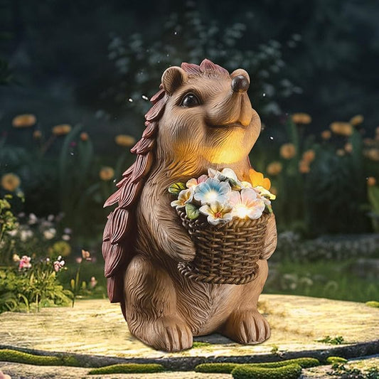 Solar Hedgehog Garden Statue with Flower Basket – Outdoor Decorative Resin Figurine with Solar Light for Lawn, Yard & Patio Decor