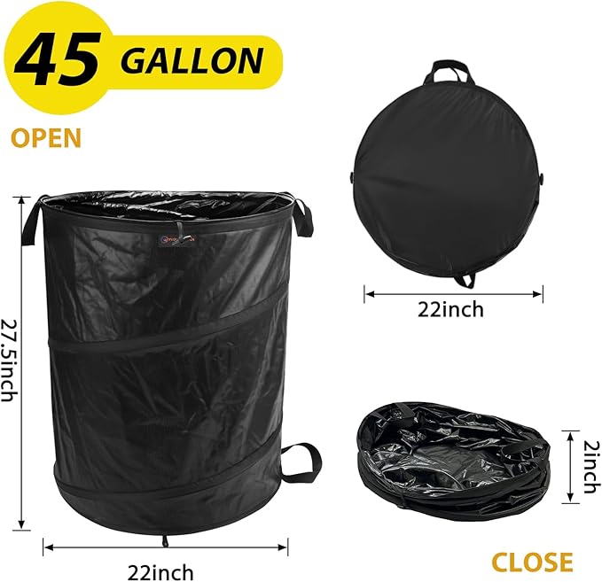YUDI & GARDEN 45 Gallon Collapsible Garden Bag｜Collapsible Trash Can｜Camping Trash Can,Black,for Collecting Weeds,Grass Clippings,Party and Yard Waste