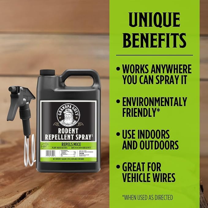 Grandpa Gus's Rodent Repellent Spray with Sprayer, Natural Peppermint & Cinnamon Oils Repel Mice and Stop Rats, 1 Gallon (Pack of 1)