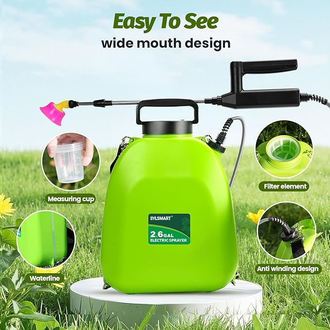Battery Powered Backpack Sprayer 2.6 Gallon, Electric Lawn & Garden Sprayer with 4 Nozzles, 3 Modes, USB Rechargeable, Portable Yard Sprayer for Weed Killer, Fertilizer, Cleaning, Watering