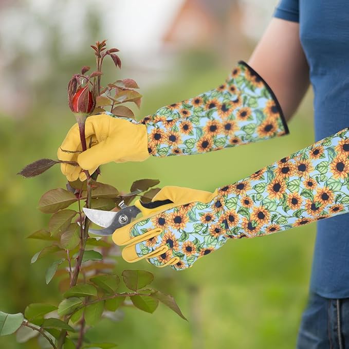 Long Gardening Gloves for Women Thorn Proof,Rose Pruning Cowhide Leather Garden Gloves for Cactus, Rose and Blackberry